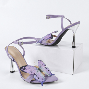 Sandali <span class=keywords><strong>Eleganti</strong></span> da Donna con Tacco a Spillo, Punta Aperta e Cinturino alla Caviglia, Decorati con Farfalle Viola, per Feste ed Eventi Serali - Product Image 3