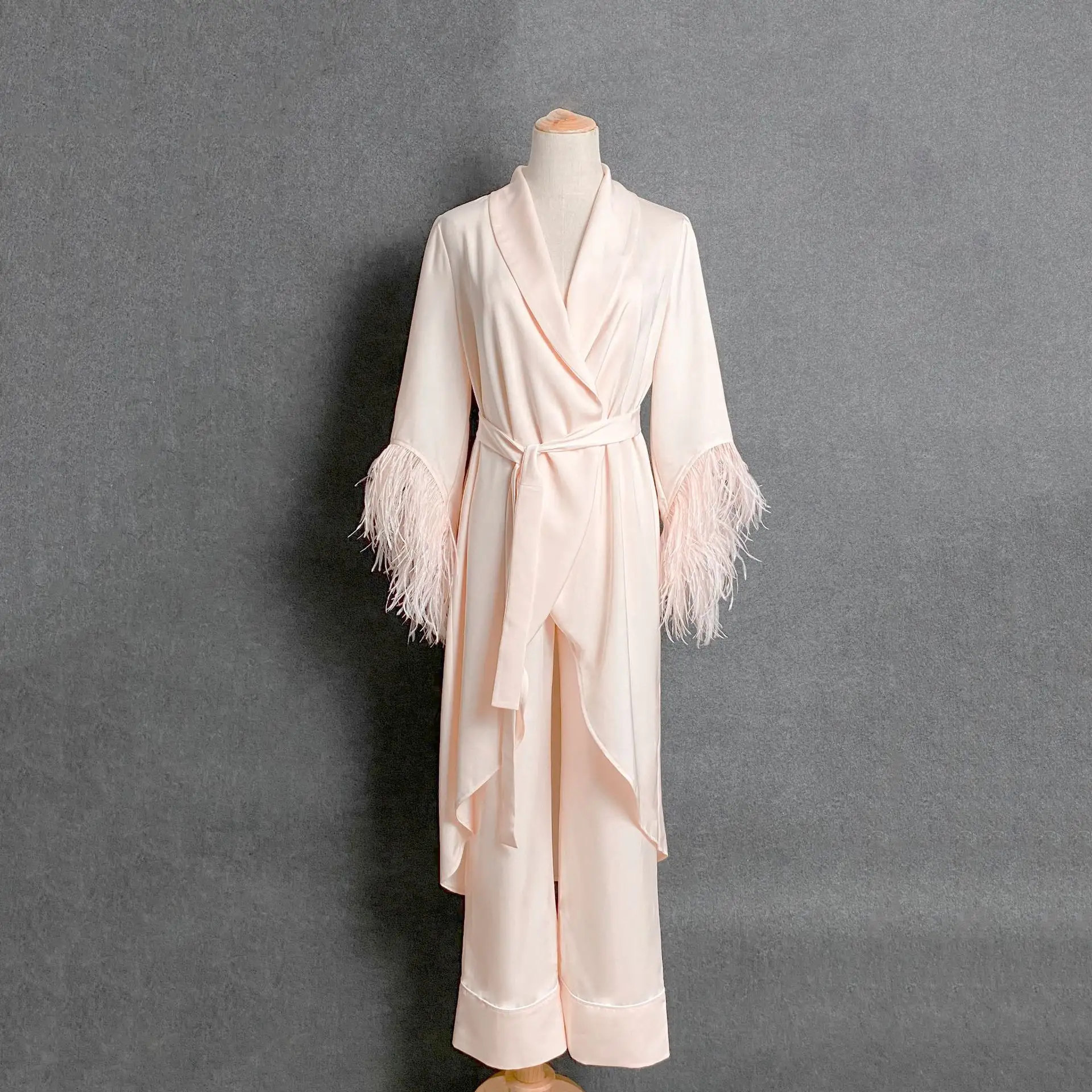 Pyjama en soie à manches longues pour demoiselle d'honneur, tenue de soirée de luxe, couleur rose Pure, avec plume, pour mariée, personnalisable, prix d'usine, 2021, prix d'usine