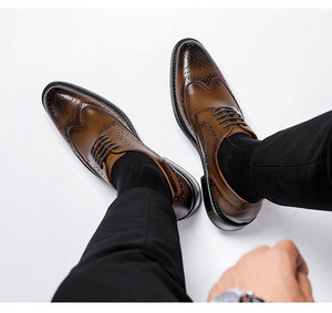 Zapatos Oxford de punta puntiaguda de cuero genuino marrón con cordones, para todas las estaciones, suela de goma, envío directo - Product Image 6