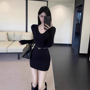 Black V-neck Long Sleeve Mini Dress Tight Waist Bodycon Party Casual Dress With Belt Breathable Simple Style - Product Image 4