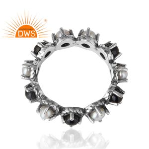 Handmade Pearl and <b>Black</b> Onyx Gemstone Ring Ethnic Look 925 Sterling Silver Handmade Eternity Band Ring <b>Jewelry</b> Wholesale - Product Image 3