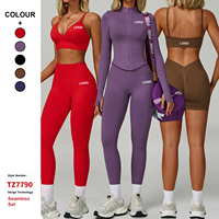 Ensemble de vêtements de sport sans couture respirant et absorbant la transpiration, veste et leggings, coupe ajustée, taille mi-haute, dos croisé, confortable, vêtements de sport