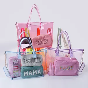 新款现货彩色透明手提袋大容量手提包沙滩女女孩夏季透明旅行包