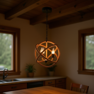 Lustre suspendu en rotin à 3 lumières avec chaîne réglable pour cuisine, salle à manger, entrée, ampoule E26 non incluse - Product Image 2