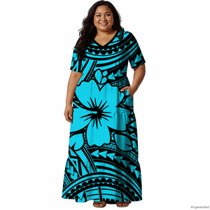 Robes pour femmes grandes tailles personnalisables et disponibles en gros – Robes Samoanes à col en V amples et confortables, nos meilleures ventes - Product Image 4