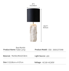 Modern Marble <b>Table</b> <b>Lamp</b> Luxury Hotel Wabi Sabi Decor Rough Natural White Stone <b>Base</b> Black Fabric Shade - Product Image 4
