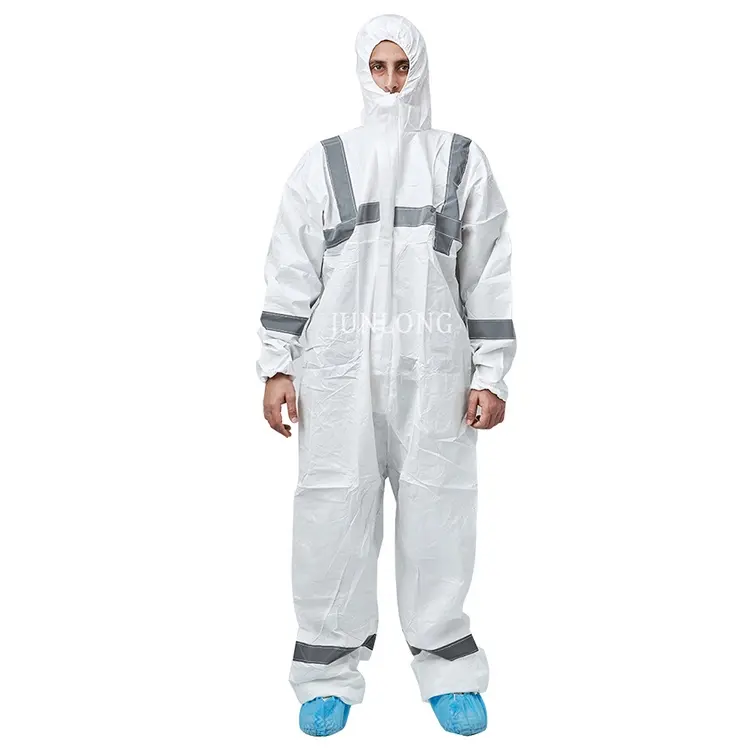 Junlong男性作業服使い捨てカバーオール微孔性カバーオール反射テープ安全服スーツ