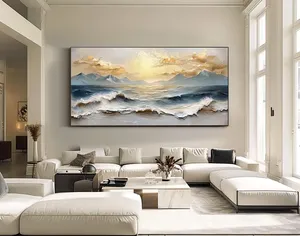 Peinture acrylique sur toile abstraite moderne de taille personnalisée, beige naturel, blanc, <span class=keywords><strong>bleu</strong></span>, vagues océaniques, décoration murale pour la maison, salon - Product Image 5