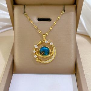 Collier <span class=keywords><strong>en</strong></span> acier inoxydable avec pendentif planète ciel étoilé, entièrement serti de zircons, chaîne de clavicule <span class=keywords><strong>en</strong></span> bambou, cadeau pour petite amie, bijou exquis - Product Image 2