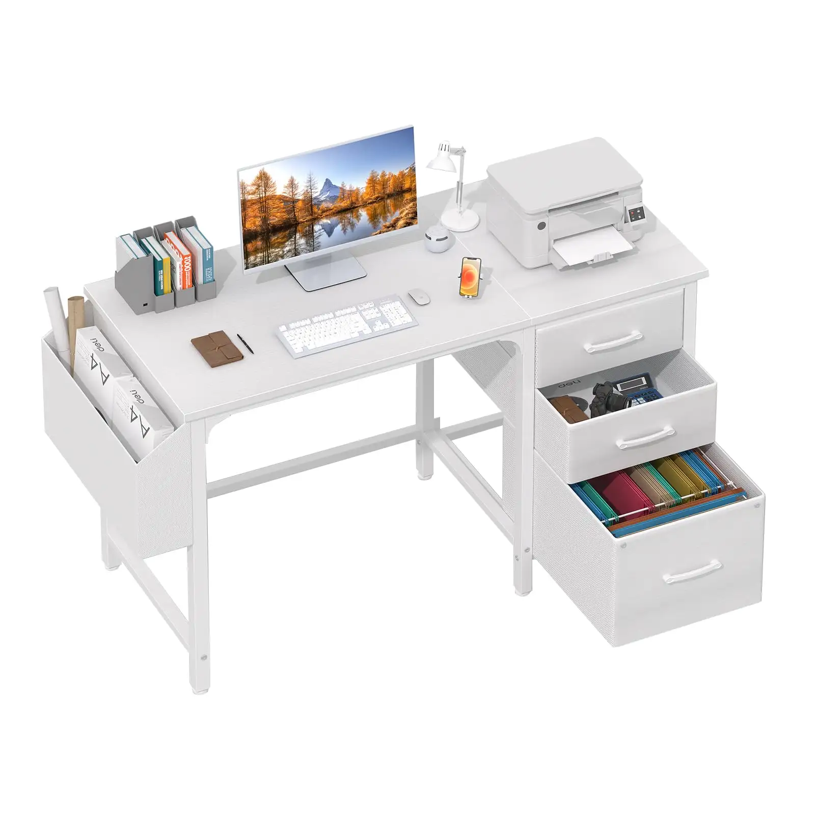 Meja komputer rumah kantor putih Modern 47 inci, dengan kabinet arsip kain, Laci kabinet ruang kecil meja tulis PC
