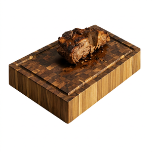 Planche à découper carrée en teck naturel bio Vitalucks, avec rainure pour les jus, poignée, compatible lave-vaisselle, durable - Product Image 1