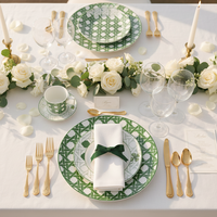 Service de vaisselle en céramique tressée verte de luxe, assiettes en porcelaine motif trèfle porte-bonheur pour mariage, hôtel, restaurant, vente en gros