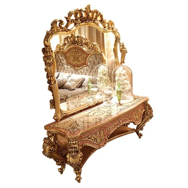 Tocador de dormitorio con superficie incrustada de marquetería tallada en madera Imperial; Muebles de dormitorio de lujo de palacio
