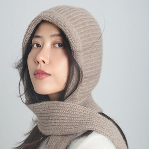 Topi rajut wanita ringan, topi syal Kombo tebal hangat leher penutup wajah musim gugur/dingin 100% Polyester - Product Image 4