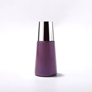 Reusable Luxury Cosmetic Package Sliver Cap Round Oils Serum Glass Dropper Bottle Purple with Press on Pump