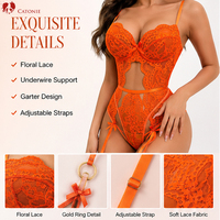 Ensemble de lingerie en dentelle orange pour femme, comprenant un haut bustier, une culotte taille haute, des jarretelles découpées et un ensemble trois pièces transparent de sous-vêtements intimes