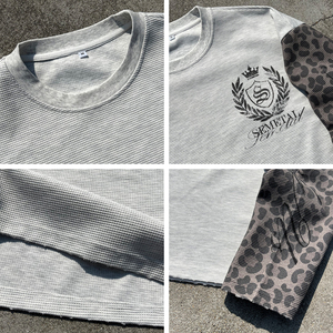 T-shirt en coton vintage surdimensionné de haute qualité à manches longues, imprimé léopard, tricot gaufré respirant, streetwear thermique 300g - Product Image 2