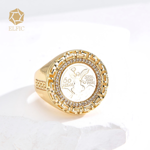 Elfic 도매 14K 골드 필드 지르콘 멕시코 50페소 참 스퀘어 코인 구리 남녀공용 밴드 반지 - Product Image 2