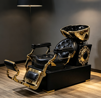 Chaise de lavage de cheveux inclinable de luxe rétro noir et or, très vendue, pour salon de coiffure, avec bac en céramique