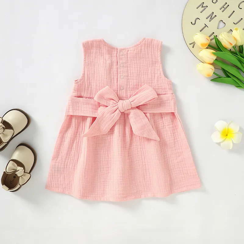 Hot sale 100% Organic Cotton Cute Bow knot Design Sleeveless Muslin Baby Girl Dresses