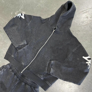 Benutzer definierte <span class=keywords><strong>Streetwear</strong></span> Sweatshirt Flares und Hoodie Sets Stone Acid Wash Schwarze Hoodie Sets Acid Wash Vintage Zip Sets Herren - Product Image 2