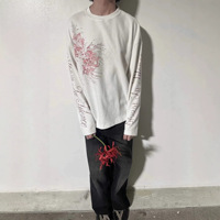 T-shirt unisexe à manches longues en maille gaufrée, style streetwear américain tendance, imprimé floral et lettres, col rond, décontracté, vente en gros