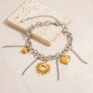 Stainless Steel <b>Bracelet</b> With Gold Silver Heart Charms Electroplated 18K For Gift Unisex Jewelry - Product Image 2