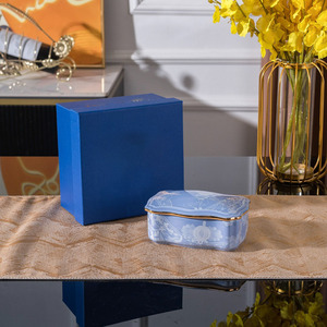 Light Blue Floral Ceramic Jewelry Box With Gold Rim and Gift Box Elegant Porcelain Trinket Box for Home Decor and Storage - Product Image 1
