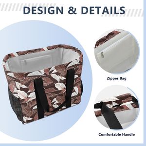 Wholesale Brown Leaf <b>Print</b> <b>Large</b> Foldable Shopping Bag Custom Logo Beach Travel Reusable Grocery Tote With Mesh Side Pockets - Product Image 6