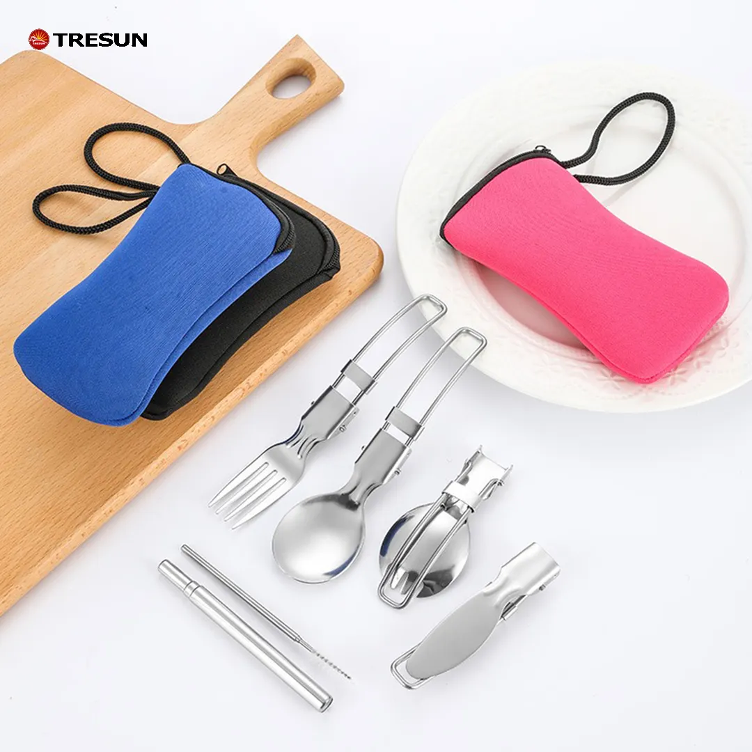 Set picnic da cucina da campo da 7 pezzi 430 in acciaio inox con forchetta e cucchiaio bacchette portatile da campeggio all'aperto set di posate con borsa