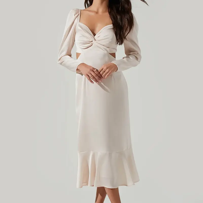 HL OEM Manufacturer Factory Party Dress Women Custom Long Sleeve Slip Elegant Beach Dress Wholesale Summer Maxi Satin Dress