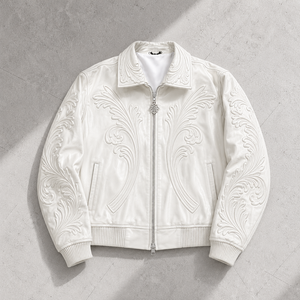 Veste bomber en cuir PU de luxe vintage personnalisée avec motif floral en relief, col rabattable, personnalisation de l'embossage artistique - Product Image 1