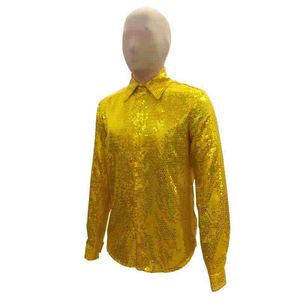 Camicia da uomo a maniche lunghe con paillettes dorate, blusa lucida con bottoni sul risvolto, top <span class=keywords><strong>per</strong></span> discoteca, feste, palcoscenico, ballo - Product Image 6