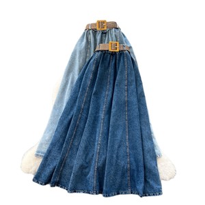 Jupe trapèze rétro en jean avec ceinture tissée pour femme, <span class=keywords><strong>taille</strong></span> haute amincissante, mi-longue, polyvalente, <span class=keywords><strong>grande</strong></span> jupe évasée pour l'été - Product Image 5