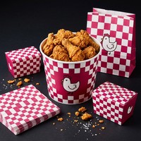 Lot d'emballages rétro pour poulet frit à carreaux rouges, seau familial imprimé poussin de dessin animé, boîtes latérales et serviettes en papier imprimées assorties