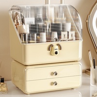 Organisateur de maquillage de luxe moderne et minimaliste en plastique, anti-poussière, avec couvercle rabattable et tiroirs pour coiffeuse, cosmétiques et soins de la peau