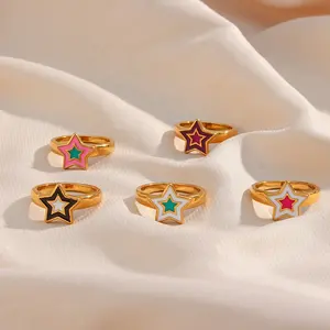 Minimalist Custom Dainty Jewelry Waterproof 18K Gold Plated Stainless Steel Enamel Ring Multi-Layered Star Shape Rings for Girls