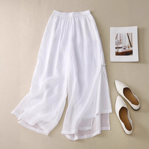<span class=keywords><strong>Pantaloni</strong></span> Larghi Estivi da Donna in <span class=keywords><strong>Lino</strong></span> e Cotone a Vita Alta, Tinta Unita, Lunghi, Stile Retrò con Fibbia, Eleganti, con Doppio Spacco, Casual - Product Image 2