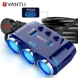 YANTU B39-C wired Mini Car Charger Telefone 3 Soquete 2 USB Isqueiro 12V QC + PD Car Charger adaptador com monitoramento de tensão