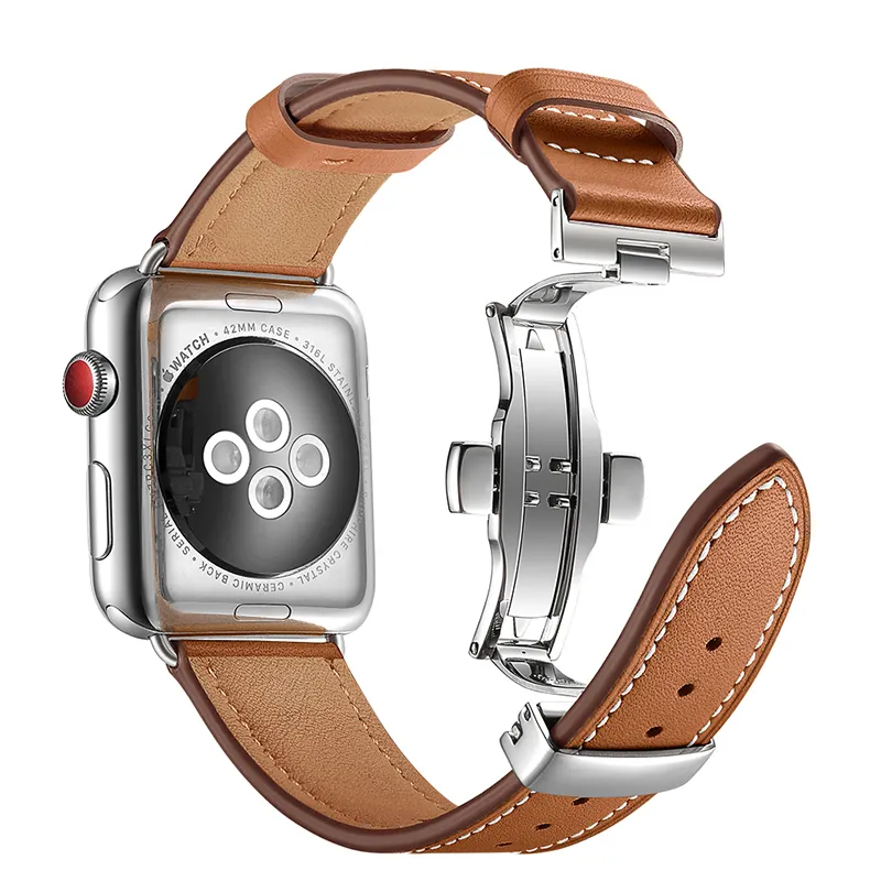Genuine Leather Watch Band Butterfly Clasp Buckle Smart Watch Band Strap For Apple Watch 38mm 40mm 42mm 44mm