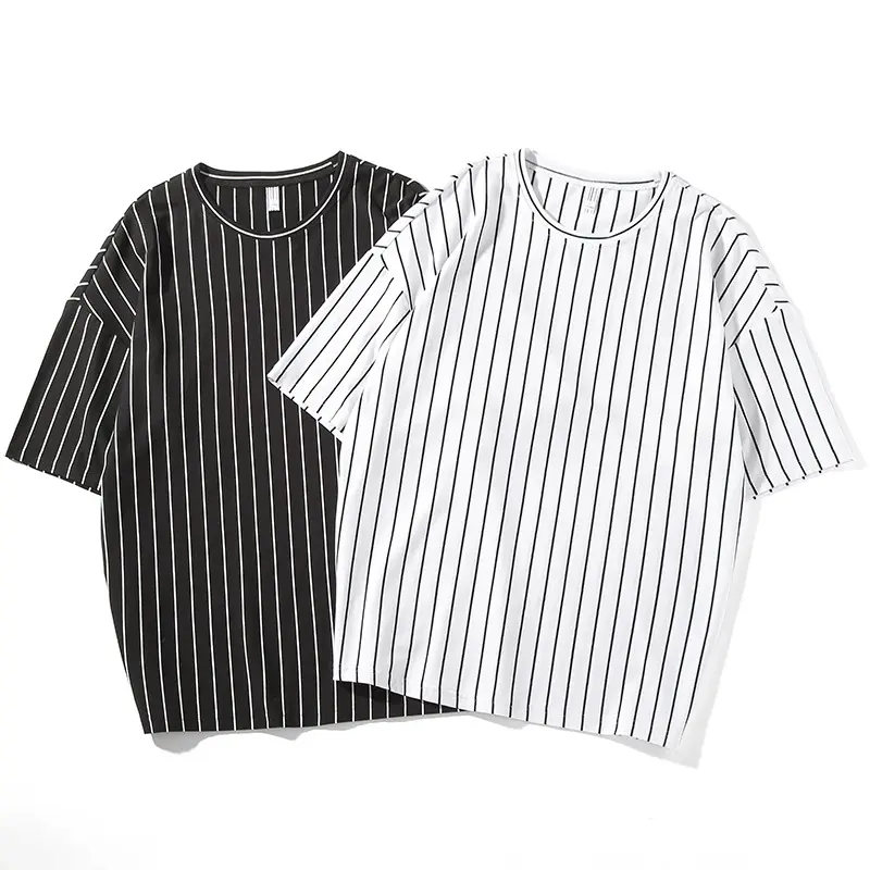 Men round collar loose T-shirt black and white vertical stripes T-shirt summer soft cotton casual street custom t shirts