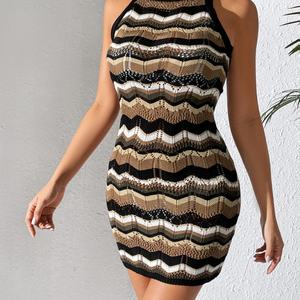 Abito Sexy in Viscosa Jacquard con Motivo a Righe, Spalline Lavorate a Maglia, Aderente, Senza Maniche, Collo Tondo, Effetto Illusione - Product Image 1