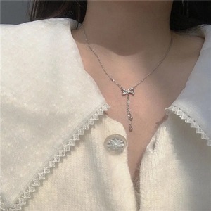 Bowknot Tassel Necklace Zinc Alloy Sparkling Diamond Chain Elegant Collarbone For Women Gift - Product Image 4