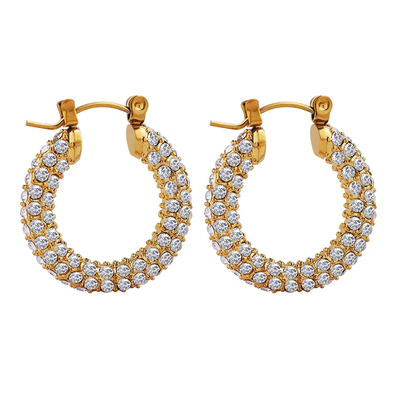 Designer 18K Gold Plated Stainless Steel Earrings Jewelry Hypoallergenic Charm Exaggerated Full Cubic Zirconia Hoop Earrings