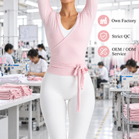 Haut de yoga croisé rose pour femme, à manches longues, style ballet, avec lien à nouer à la taille, coupe ajustée, pour le sport, la gym et le fitness