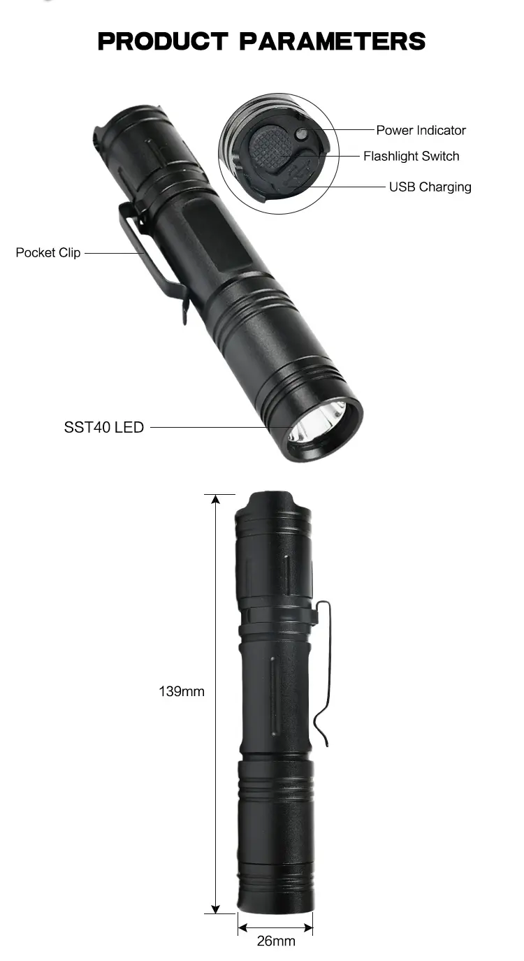 Manufacturer USB Super Bright Pocket Small Taschenlampe Torch Light linterna EDC powerful Mini LED Rechargeable Flashlight