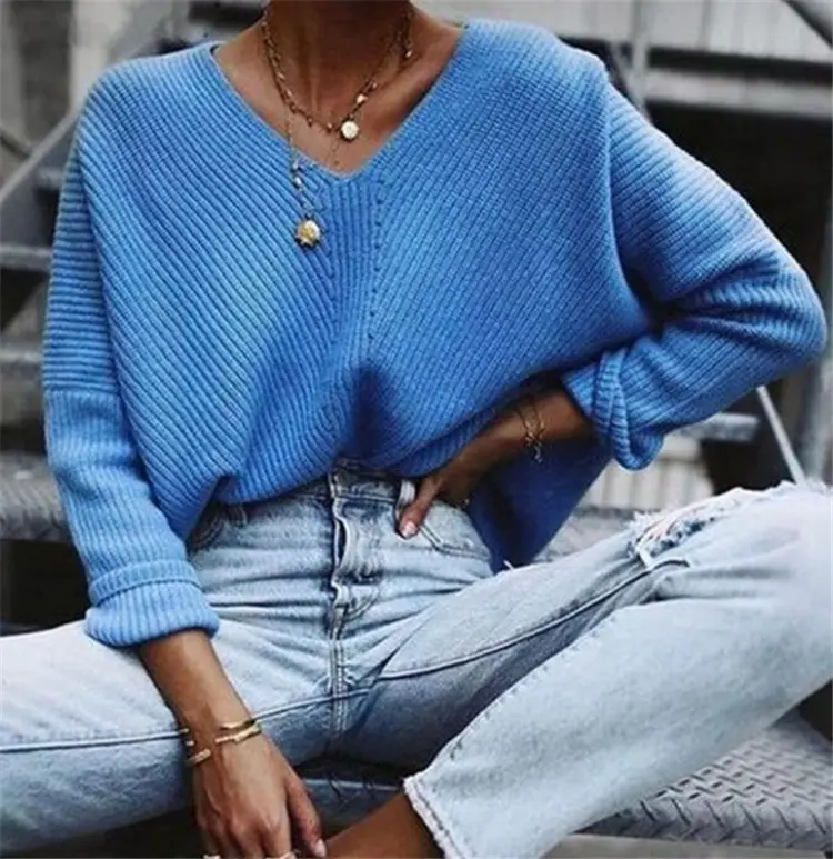 Pull tricoté à manches longues pour femmes, chandail décontracté en cachemire, à col v, de couleur bleue, automne et hiver 2020