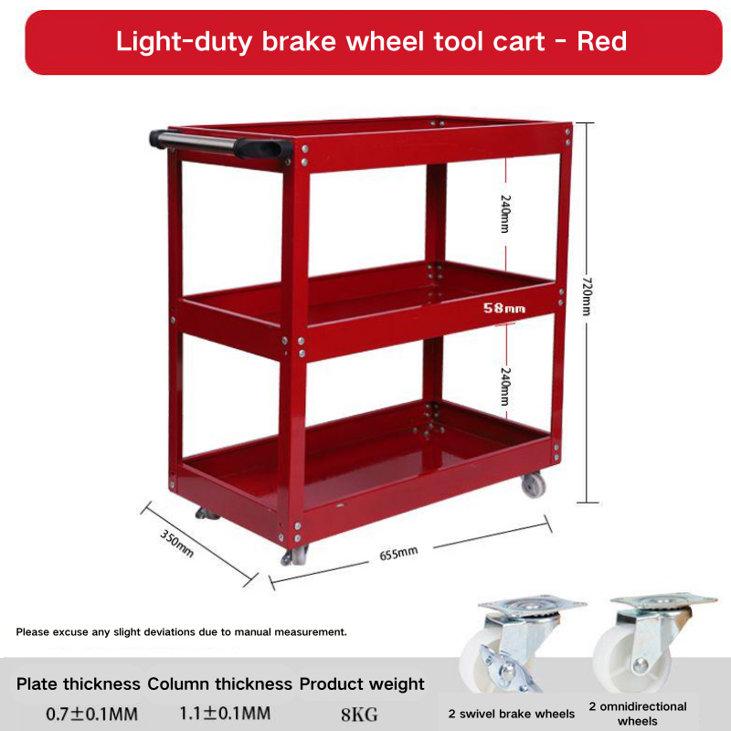 Chariot à outils léger à 3 niveaux Red Standard avec roues blanches