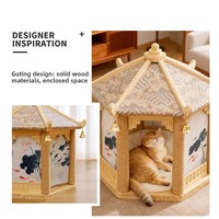 Pavillon d'escalade pour chat de style antique, avec colonne en corde de chanvre intégrée, résistant aux griffures et anti-déchirure, en bois massif, pour tous les animaux de compagnie