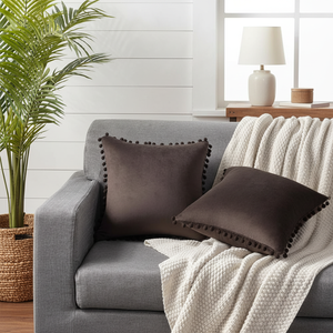 2 Pack Cozy Soft Brown Velvet <b>Square</b> Throw <b>Pillow</b> Covers 22x22 Decorative <b>Pillow</b> Cases with Pom-poms for Farmhouse Home Decor - Product Image 3